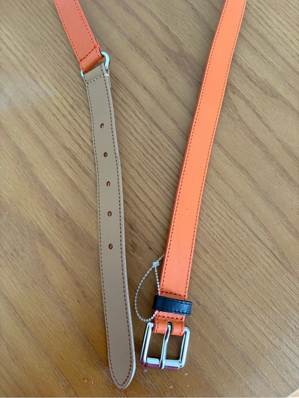 Talbots Orange and Tan Leather Belt with Silver Buckle Size L.
